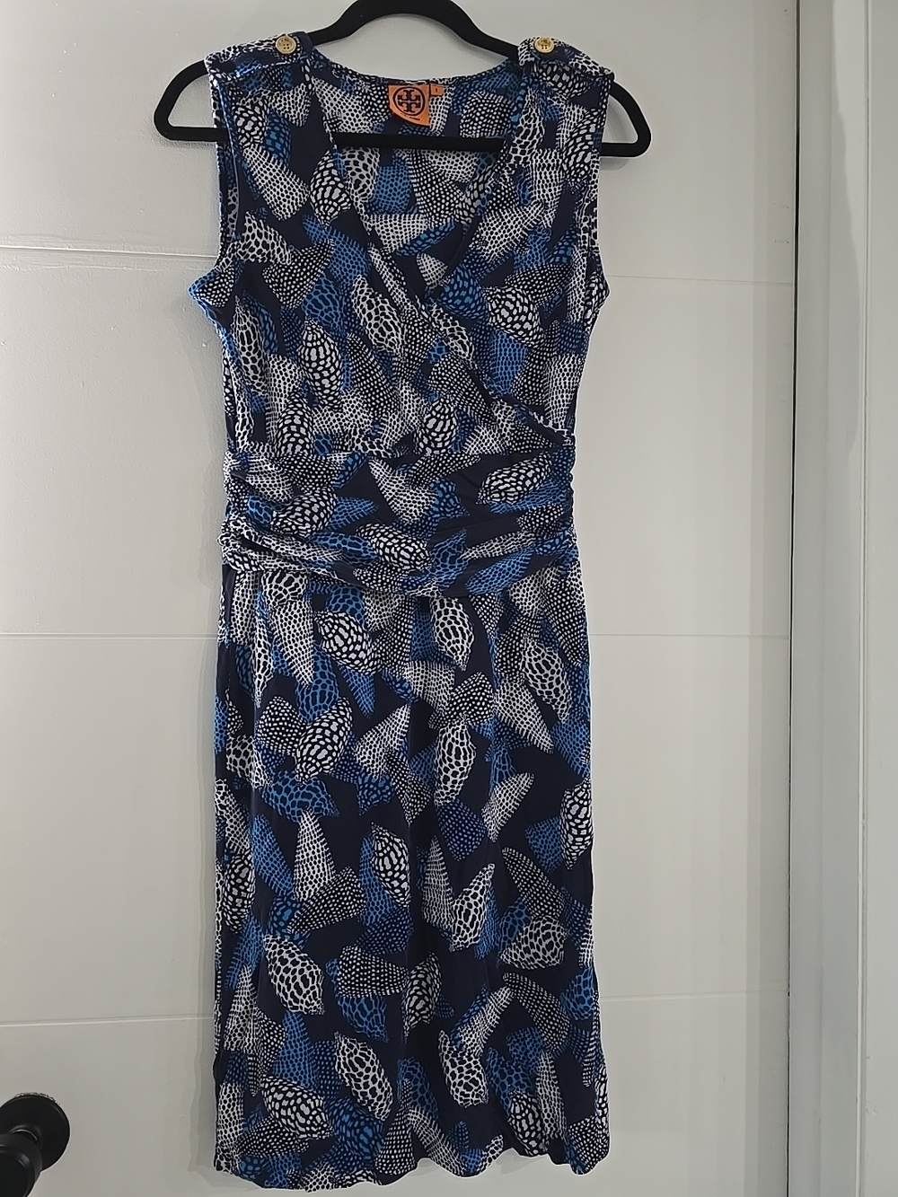 Tory Burch 100% Silk Faux Wrap Dress Size S Blue White Shell Dotted Print